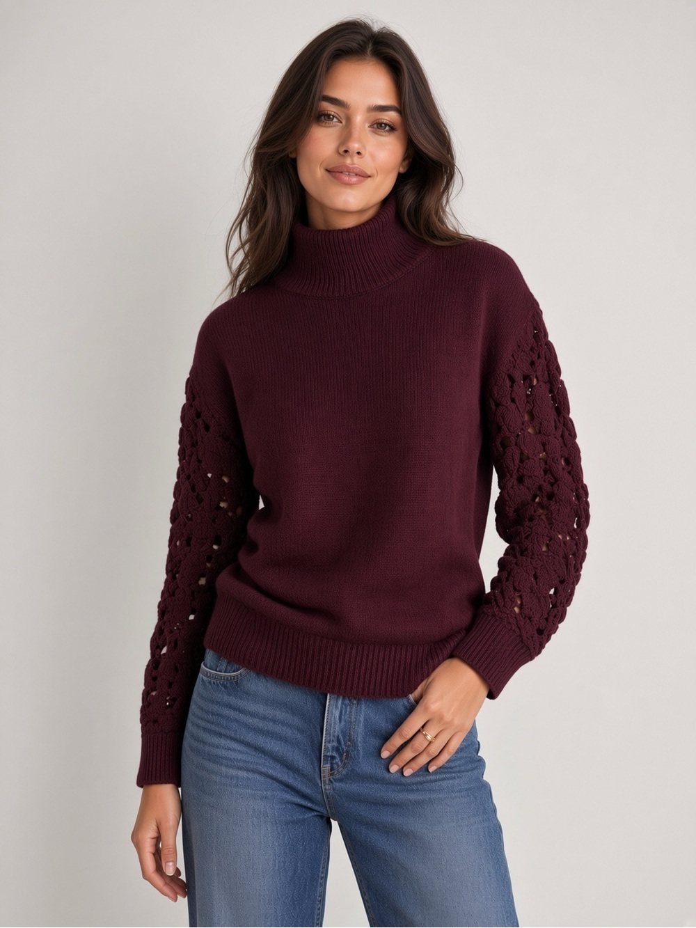 Magaschoni Cashmere Blend Open-Stitch Sleeve Turtleneck Sweater in Burgundy
